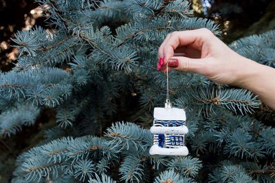 Cropped image of hand decorating christmas tree