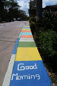 Text on road by trees