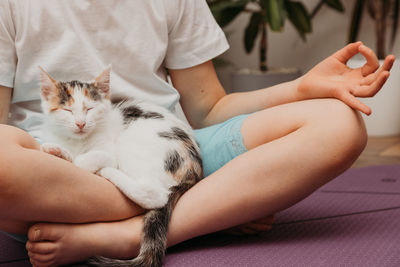 Girl practices yoga at home with a cat. pose for meditation and relaxation. close-up. sports at home 
