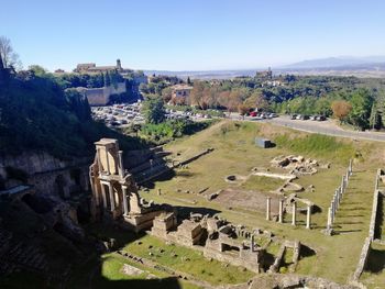 High angle view of old ruins against sky