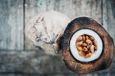 High angle view of nuts in coconut