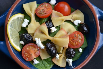 High angle view of fruits in bowl on table