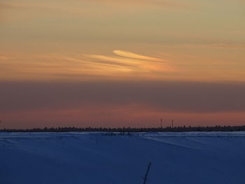 Scenic view of snow covered landscape against sky during sunset
