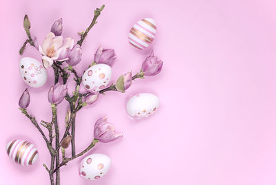 High angle view of pink flowers on table