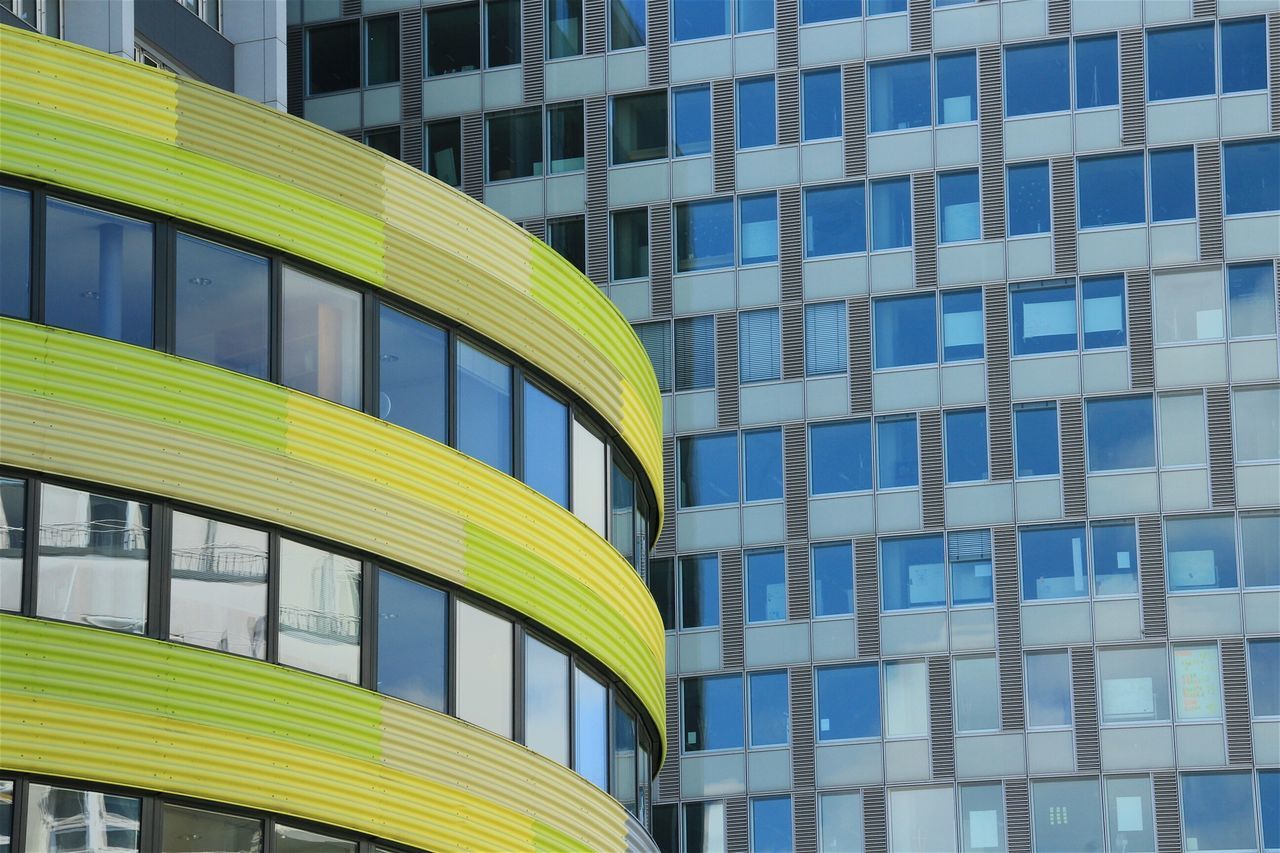 architecture, building exterior, window, built structure, modern, day, outdoors, futuristic, yellow, no people, city