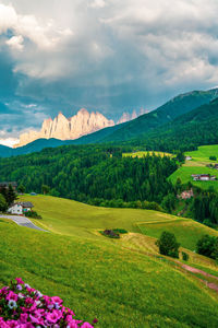 The odle mountain peaks in the dolomites in italy. the villnößtal with a view of the geisler.