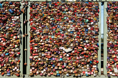 Full frame shot of padlocks on railing