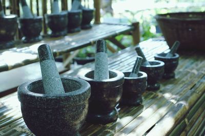 Close-up of old objects on table