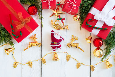 High angle view of christmas decoration on table