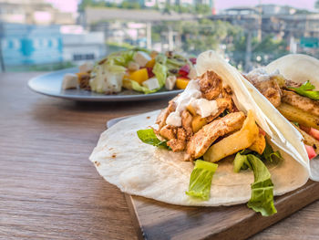 Close-up of food served on table