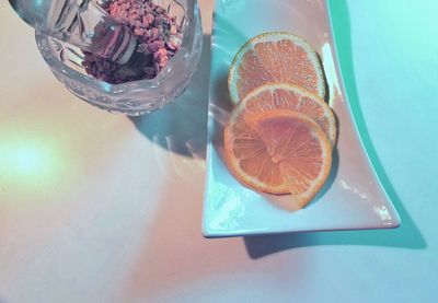 High angle view of fruits on table