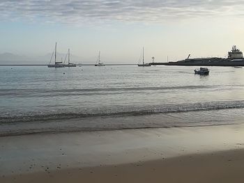 Sailboats moored on sea against sky