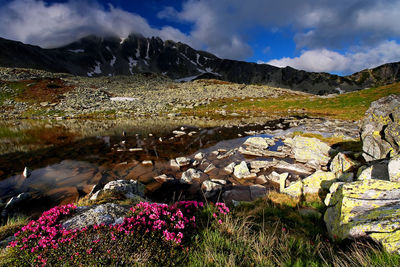 Scenic view of lake against cloudy sky