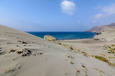 Scenic view of beach against blue sky