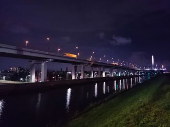 Illuminated bridge over river against sky in city at night