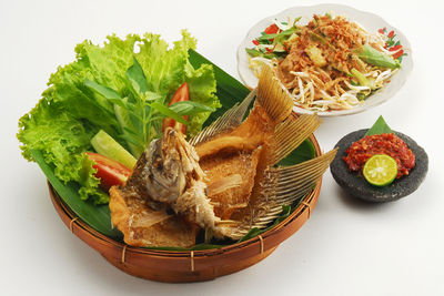 High angle view of food in plate on table