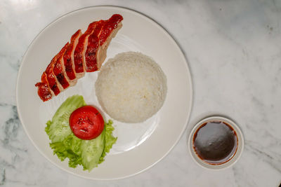 High angle view of breakfast served in plate