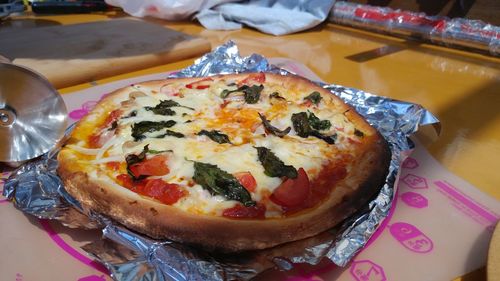 High angle view of pizza on table