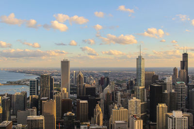City skyline at sunset