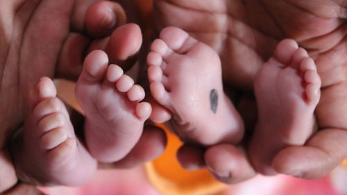 Cropped image of parents holding feet of children