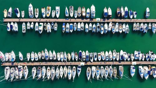 Aerial view of boats moored at harbor