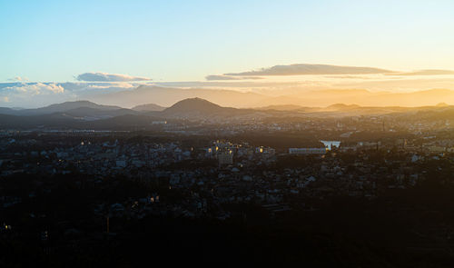 Aerial view of townscape against sky at sunset