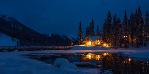 Emerald lake lodge cabin on a winter night