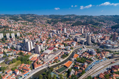 High angle view of city against sky