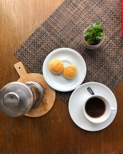 High angle view of breakfast served on table