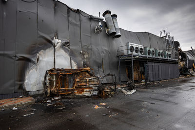 A metal supermarket burned out completely after a rocket attack by russian troops.