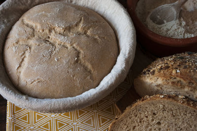 High angle view of bread in container on table