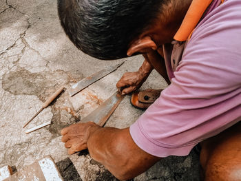 High angle view of man working