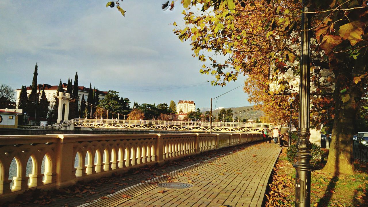 architecture, building exterior, built structure, the way forward, city, tree, sky, railing, diminishing perspective, transportation, vanishing point, street, residential building, footpath, sidewalk, bridge - man made structure, residential structure, walkway, outdoors, residential district