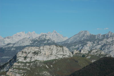 Scenic view of mountains against clear blue sky