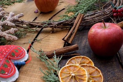 High angle view of fruits on table