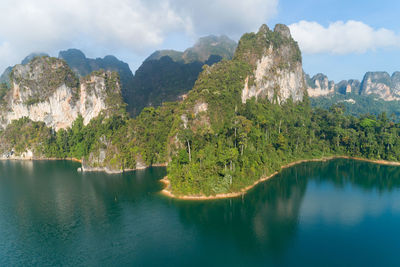 Aerial drone view of tropical mountain peak in thailand beautiful archipelago islands thailand 