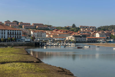 Buildings by river against clear sky