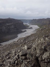 Scenic view of rocky shore against sky
