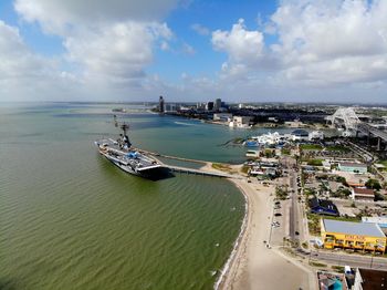 High angle view of ship in sea against sky