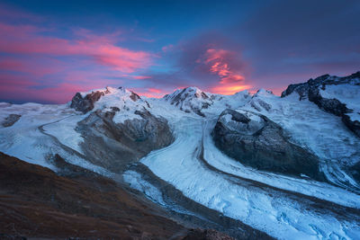 Scenic view of snow mountains against sky during sunset