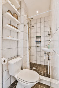 View of illuminated bathroom at home