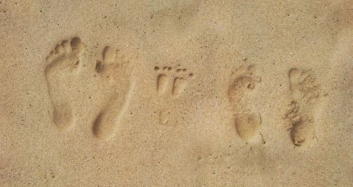 High angle view of footprints on sand