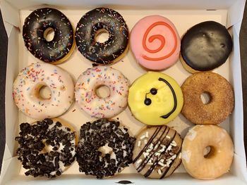 High angle view of donuts on table