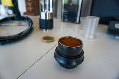 High angle view of coffee cup on table