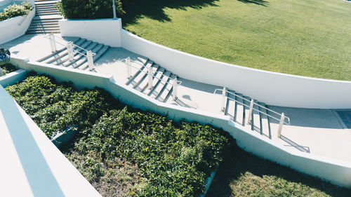 High angle view of swimming pool in yard