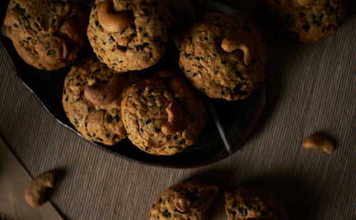 High angle view of cookies in plate on table