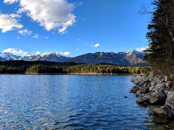 Scenic view of lake against blue sky