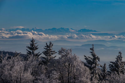 Scenic view of snow covered mountains against sky