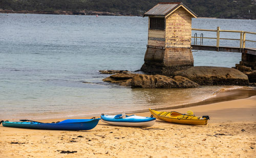 Boats moored on beach