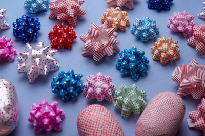 High angle view of candies on table
